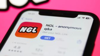 Screenshot of the NGL anonymous messaging app on a smartphone, displaying its logo and download details.