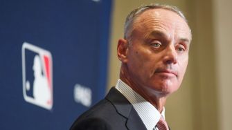 MLB Commissioner Rob Manfred speaking at a press conference regarding the relocation of the 2021 All-Star Game from Georgia to Colorado.