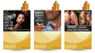 Graphic cigarette warning labels depicting health risks associated with smoking, including images of a baby, an elderly man smoking, and cancerous lungs.