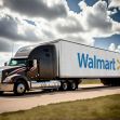 Walmart truck on a highway with the company's logo displayed prominently on the trailer. Walmart truck on a highway with the company's logo displayed prominently on the trailer.