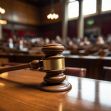 A wooden gavel resting on a desk in a courtroom with blurred figures of people in the background. A wooden gavel resting on a desk in a courtroom with blurred figures of people in the background.