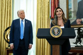 Alina Habba speaking at a podium with the presidential seal, while Donald Trump listens.