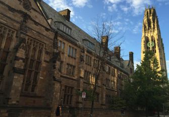 A view of Yale University’s campus featuring its historic buildings and the iconic Harkness Tower.
