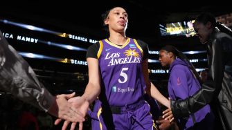 Dearica Hamby, wearing a Los Angeles Sparks jersey, is seen during a game, interacting with fans and teammates.