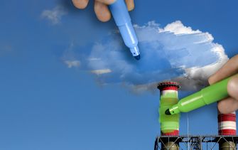 Illustration showing hands using markers to paint over smokestacks, symbolizing the concept of greenwashing and misleading environmental claims.