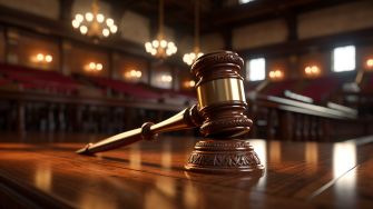 A wooden gavel resting on a table in a courtroom setting, symbolizing legal proceedings and justice.