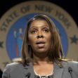 New York Attorney General Letitia James speaking at a press conference with the state seal in the background. New York Attorney General Letitia James speaking at a press conference with the state seal in the background.