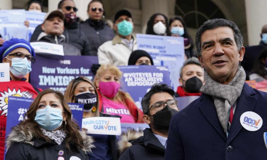 New York City council member Ydanis Rodriguez speaks during a rally on the steps of City Hall to allow lawful permanent residents to cast votes in municipal elections on 9 December 2021 in New York. Photograph: Mary Altaffer/AP
