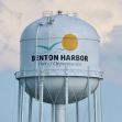 Water tower in Benton Harbor, Michigan, featuring the town's name and slogan. Water tower in Benton Harbor, Michigan, featuring the town's name and slogan.