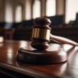 A wooden gavel resting on a judge's bench in a courtroom setting. A wooden gavel resting on a judge's bench in a courtroom setting.