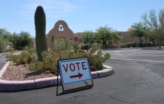 A sign instructing voters to the polling place amidst desert vegetation in Arizona.