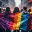 A group of individuals holding a large rainbow flag during a demonstration or march, symbolizing LGBTQ+ pride and solidarity. A group of individuals holding a large rainbow flag during a demonstration or march, symbolizing LGBTQ+ pride and solidarity.
