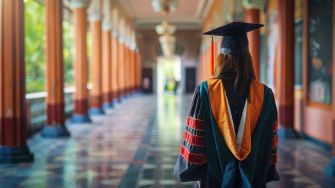 A graduate in academic regalia walking through a corridor in an educational institution.