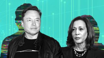 Illustration depicting a man and a woman with digital data graphics in the background, related to the topic of political deepfakes and a new law in California.