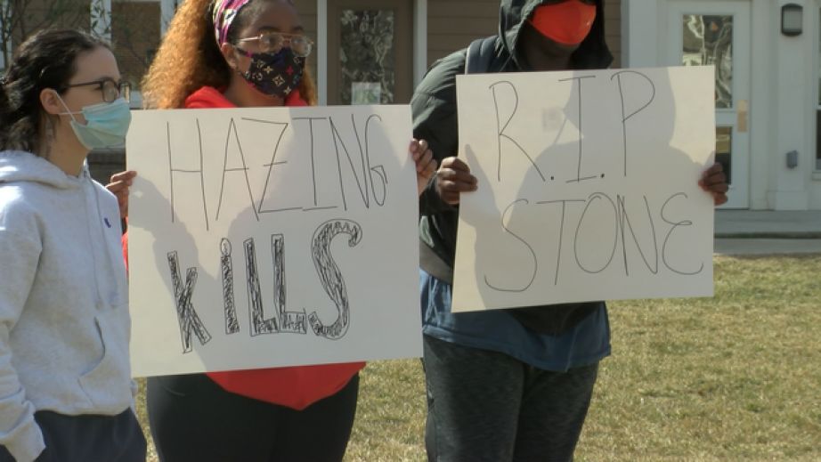 Bowling Green State University students stand outside the Pi Kappa Alpha house on March 9, 2021 calling for changes to Greek life after the hazing death of Stone Foltz. (Bri Malaska/WNWO via 24 News)