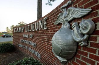 Sign at Camp Lejeune, a North Carolina Marine Corps base, which was affected by significant water contamination.
