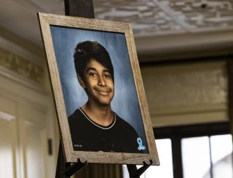 A framed school photo of 13-year-old Diego Stoltz, who was bullied and tragically died following an assault by classmates.