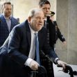 Harvey Weinstein arriving in court using a walker, flanked by two individuals. Harvey Weinstein arriving in court using a walker, flanked by two individuals.
