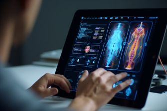 A person analyzing advanced medical imaging on a tablet, illustrating innovative cancer treatment technologies.