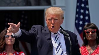 Former President Trump speaking at a news conference, announcing his lawsuit against social media companies for alleged violations of his free speech rights.