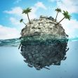 A conceptual illustration of a globe partially submerged in water, composed of money and featuring palm trees, symbolizing wealth and fraud. A conceptual illustration of a globe partially submerged in water, composed of money and featuring palm trees, symbolizing wealth and fraud.