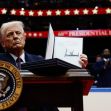 Donald Trump holding a signed executive order at a podium adorned with the presidential seal during an event. Donald Trump holding a signed executive order at a podium adorned with the presidential seal during an event.