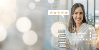 A woman smiling with a digital overlay of customer reviews and ratings, emphasizing the importance of authentic feedback in consumer decision-making.