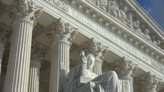 The exterior of the United States Supreme Court building, featuring the inscription "Equal Justice Under Law."
