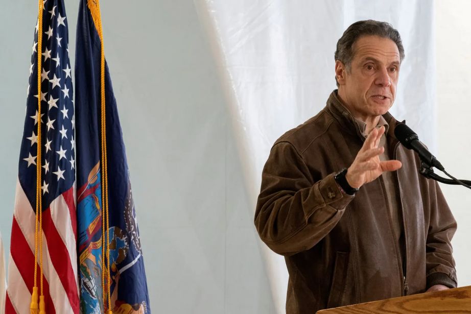 New York Gov. Andrew Cuomo speaks to reporters during a news conference at a COVID-19 pop-up vaccination site.