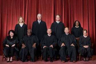 Image of the current Supreme Court justices posing for an official portrait.