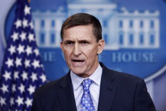 Former National Security Adviser Mike Flynn speaking at a press conference in the White House.