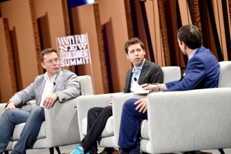Elon Musk and Sam Altman participate in a discussion at a summit, with another speaker present.