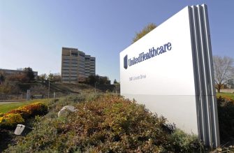 Sign for UnitedHealthcare building surrounded by landscaping.