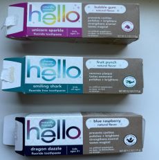 Colgate’s “hello kids” toothpaste varieties, including Unicorn Sparkle, Smiling Shark, and Dragon Dazzle